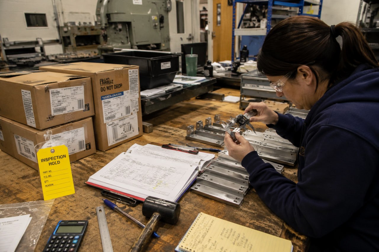 Worker inspecting machined parts at a quality-control bench